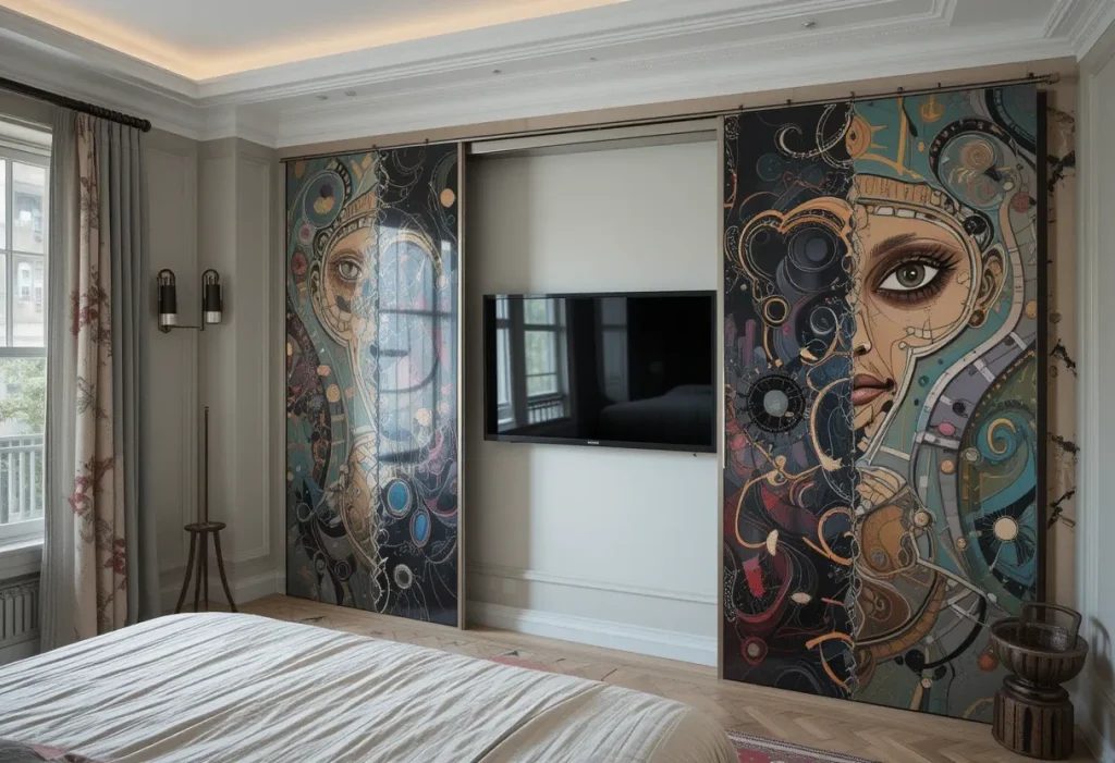 TV concealed behind sliding artwork panels in a brown aesthetic bedroom.