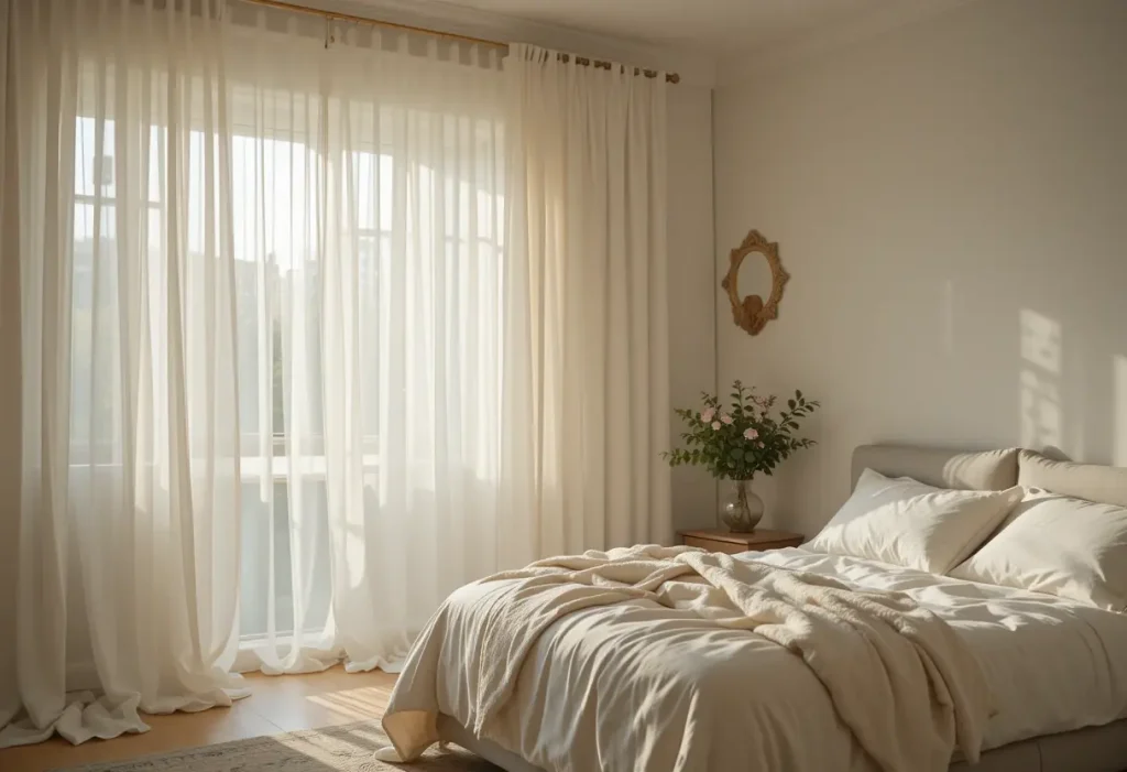 "Small bedroom with sheer white curtains letting in natural light, creating a light, airy, and calming atmosphere.