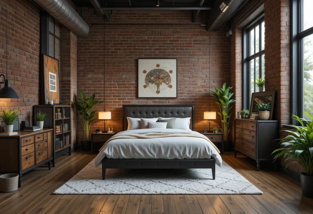 Urban-themed bedroom with realistic brick wallpaper, industrial metal bedframe, and green plants.