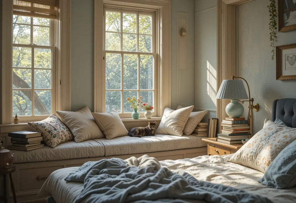 Cozy corner window seat with cushions, cat, and books, illuminated by daylight from large windows.