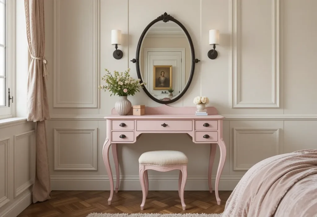 Romantic bedroom with a blush vintage vanity, curved legs, black hardware, and white sconce lighting.