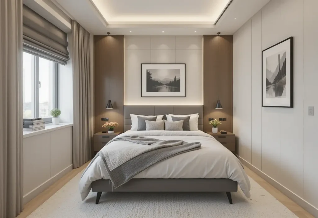 “Modern bedroom pegboard used for organized vertical storage above desk.”