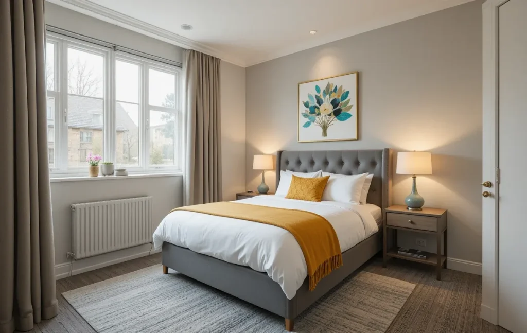 Compact single-bed room in neutral tones with a bold mustard pillow and matching art accent for a pop of color.