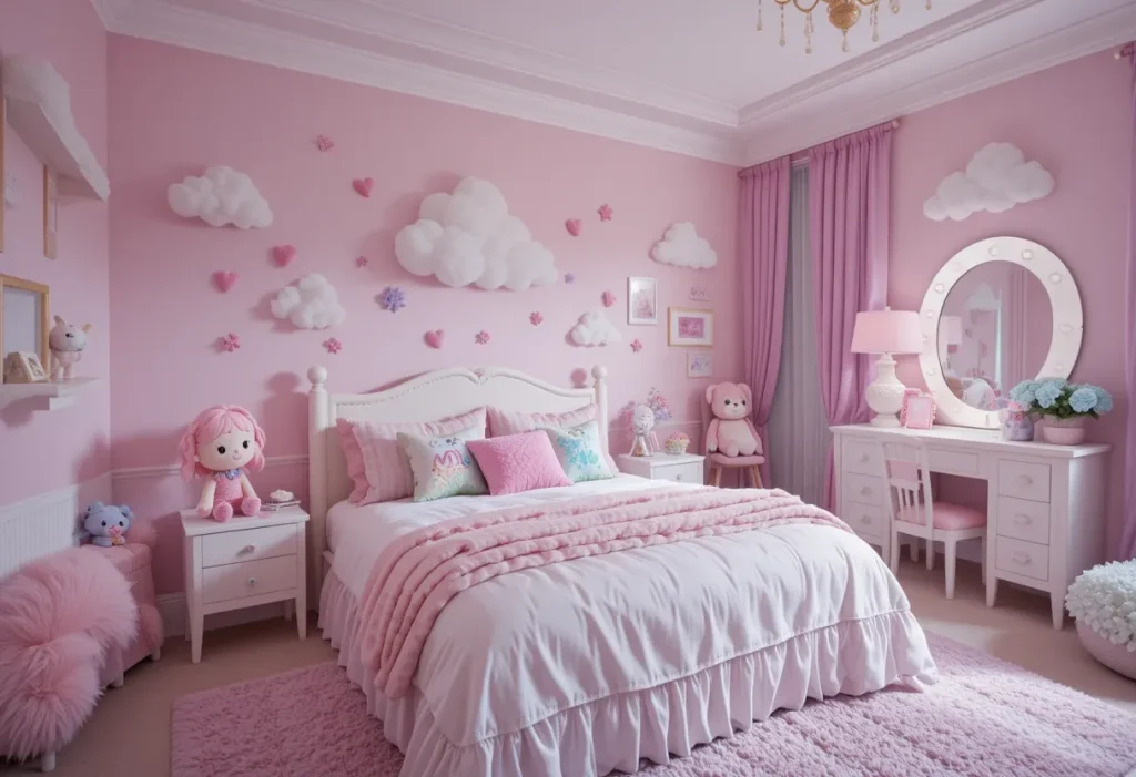 A pastel-themed room with pink and mint tones, plush toys, ruffled bedding, and wall decals.