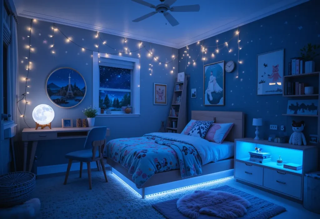 Whimsical kids’ room with string fairy lights, a glowing moon lamp, and soft LED shelf lighting.