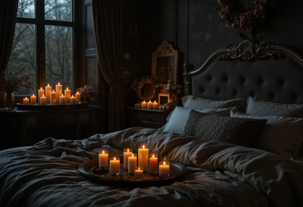 Dark romantic bedroom with a glowing candle cluster creating soft, cozy lighting across a moody space.