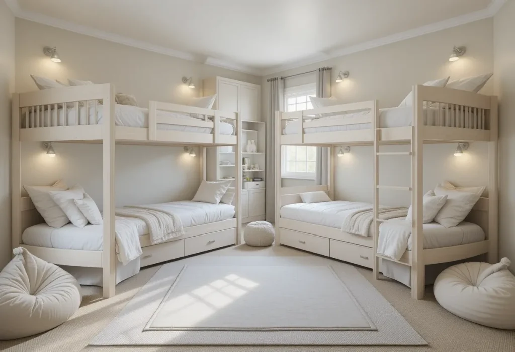 L-shaped bunkbeds in a corner layout with matching bedding and a central play mat.