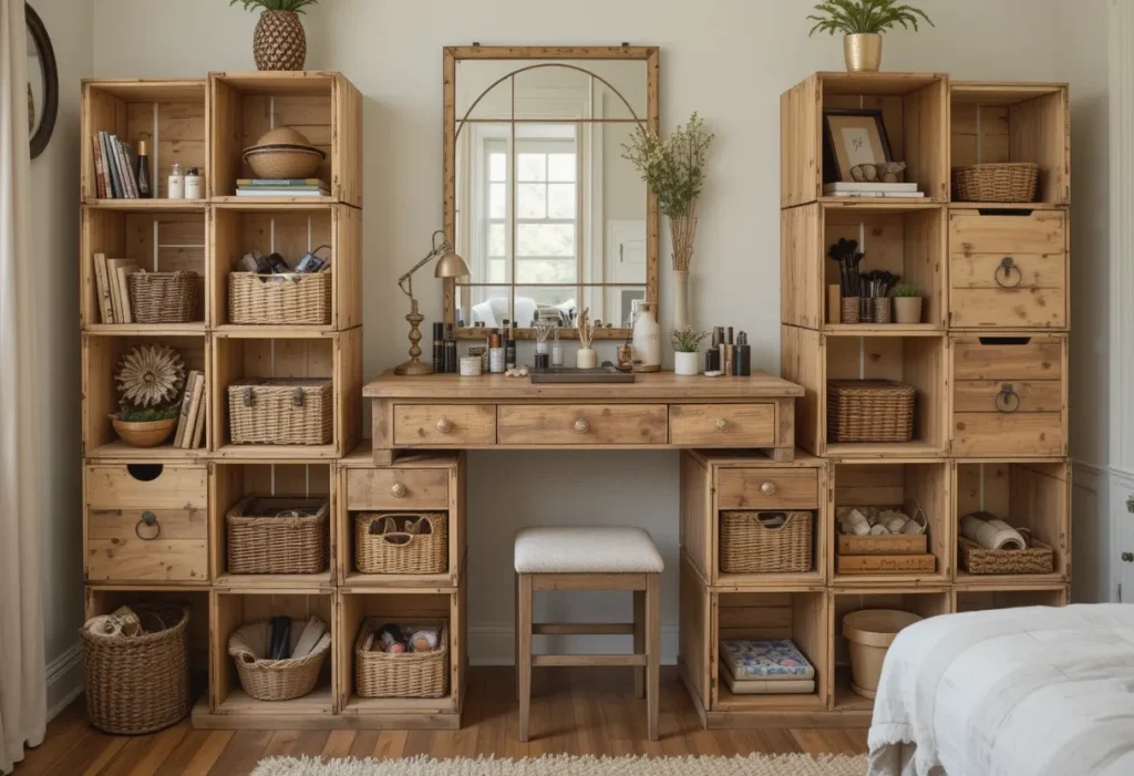 Rustic stacked wooden crates forming an open-shelf vanity, with makeup and storage baskets inside.