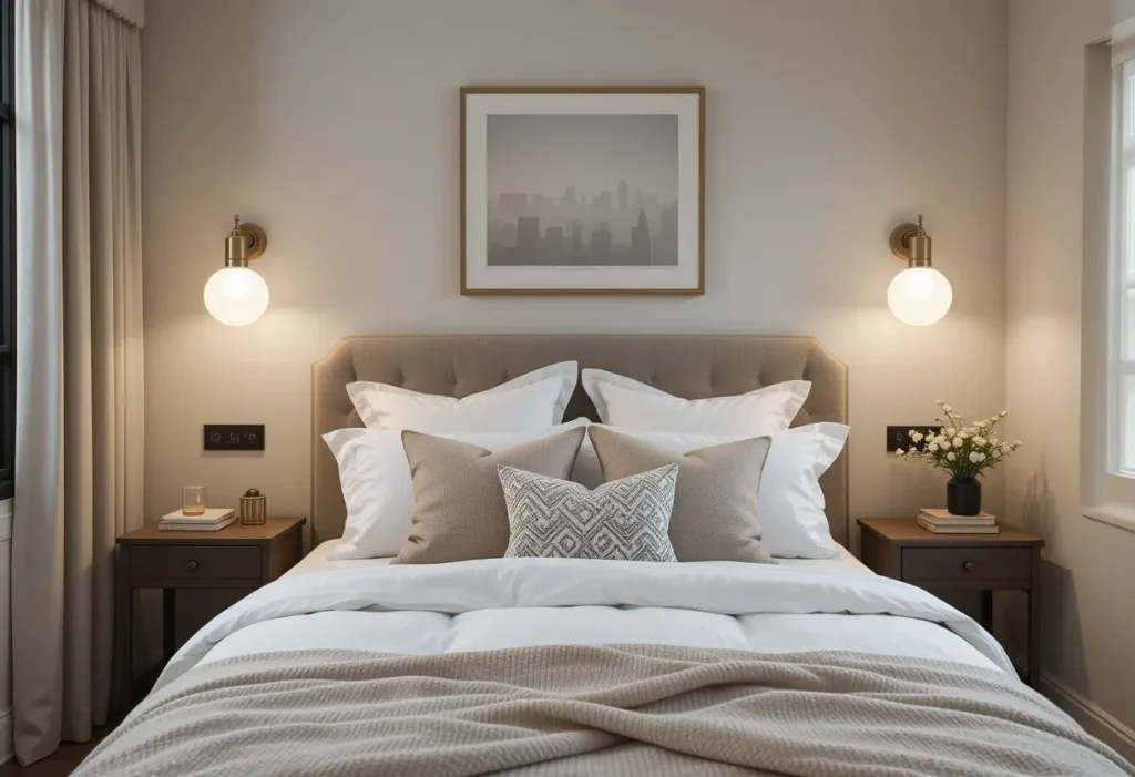 Small bedroom with wall-mounted sconces replacing bedside lamps to save space and enhance style.
