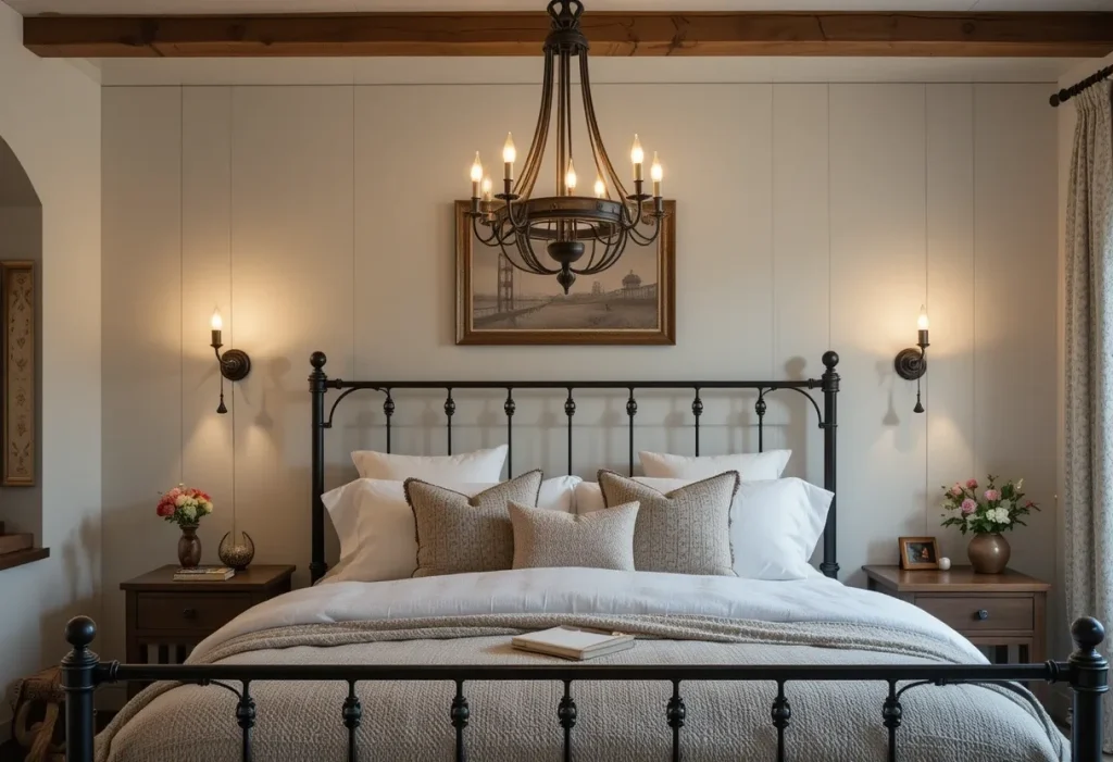 Farmhouse bedroom with a vintage iron chandelier and warm ambient lighting.