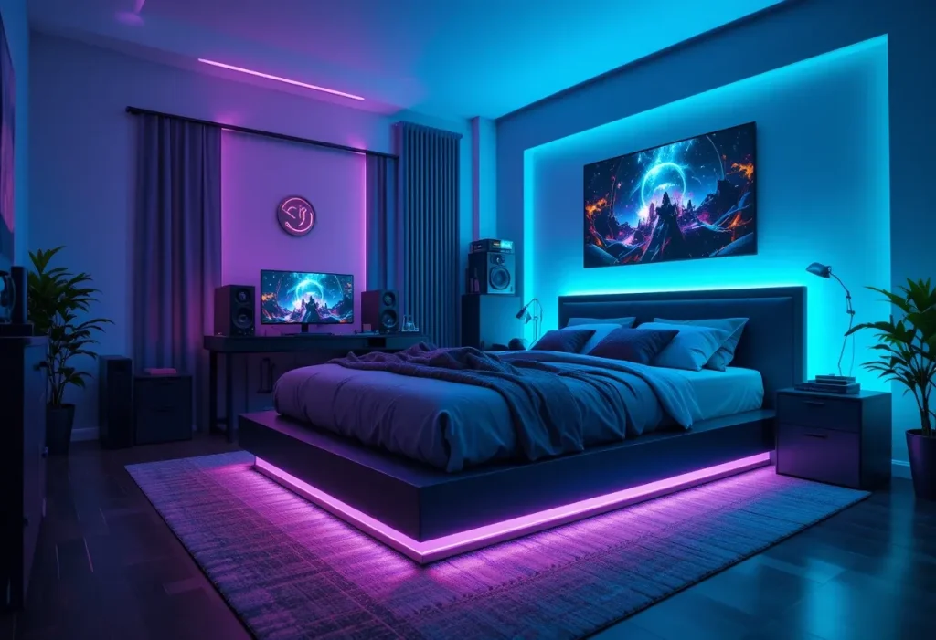 Soft RGB lighting glowing from underneath a modern platform bed, adding ambient lighting to the bedroom.