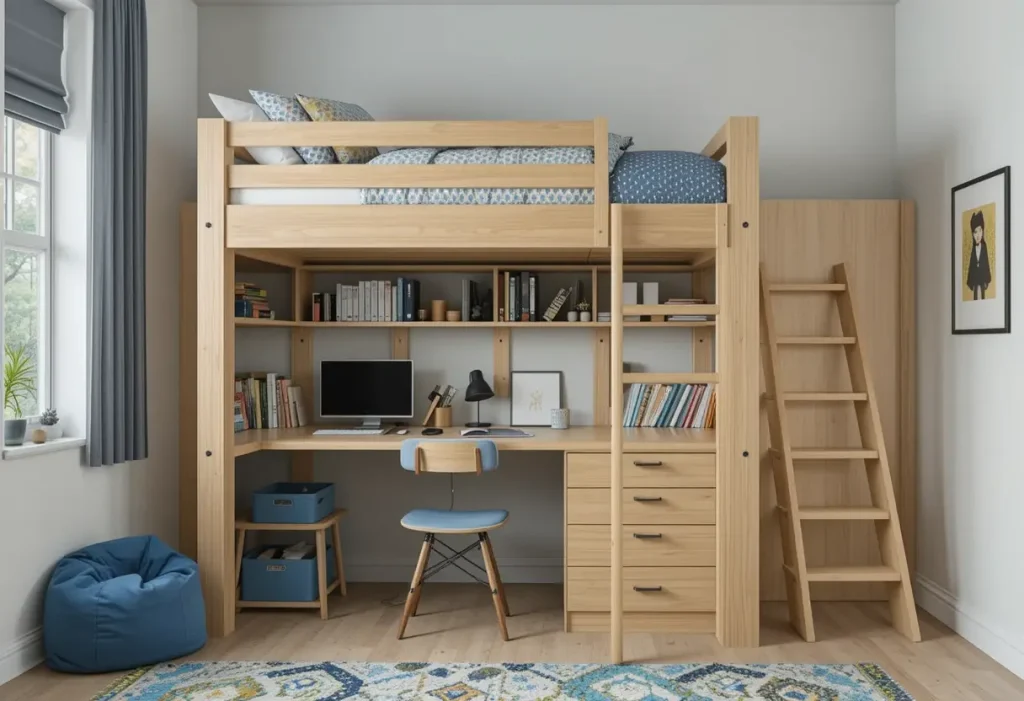 "Modern boys’ room with a wooden loft bed, built-in desk underneath, storage bins, and compact space-saving layout."