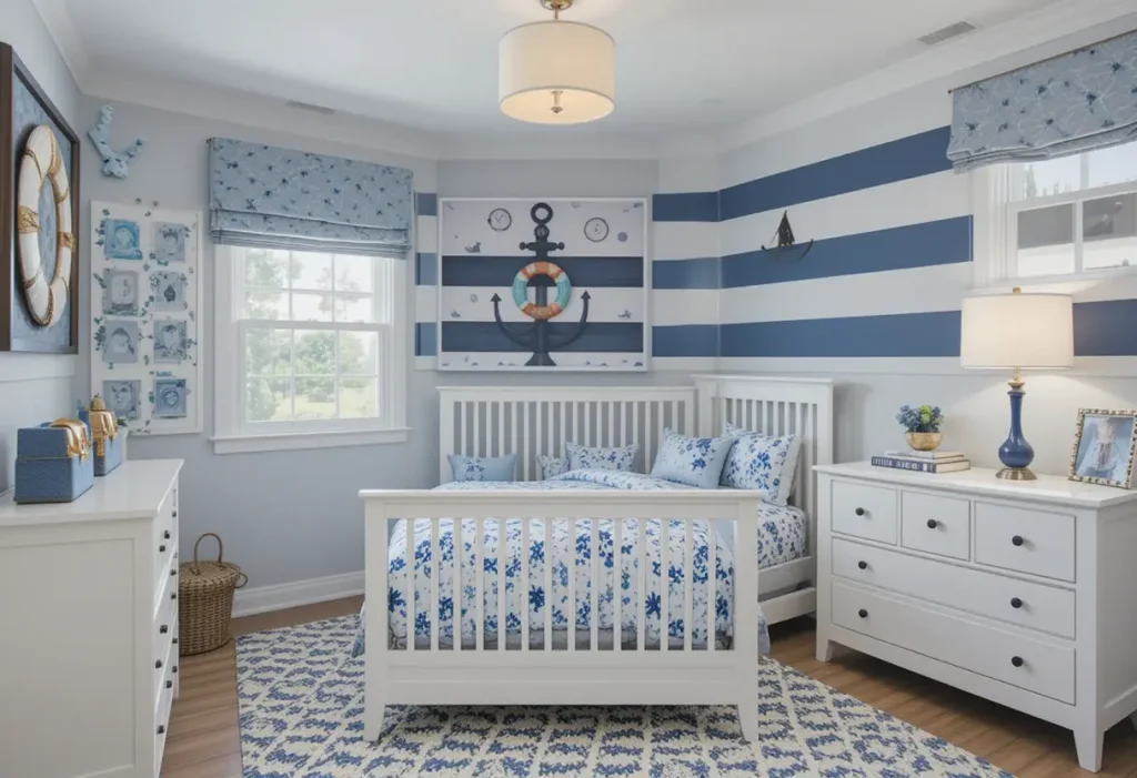 "Toddler room with nautical blue-and-white stripes, anchor designs, and ocean-themed elements like boats and waves."