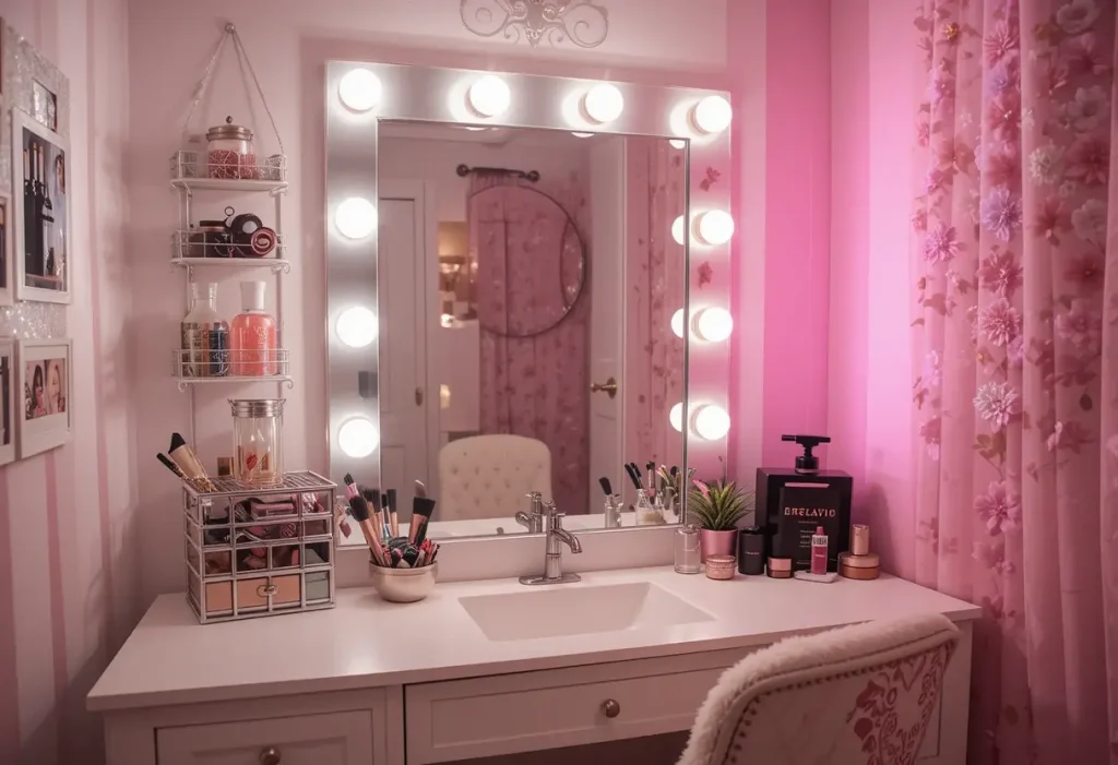 Bedroom wall covered in a collage of personal photos, fairy lights, and memories.