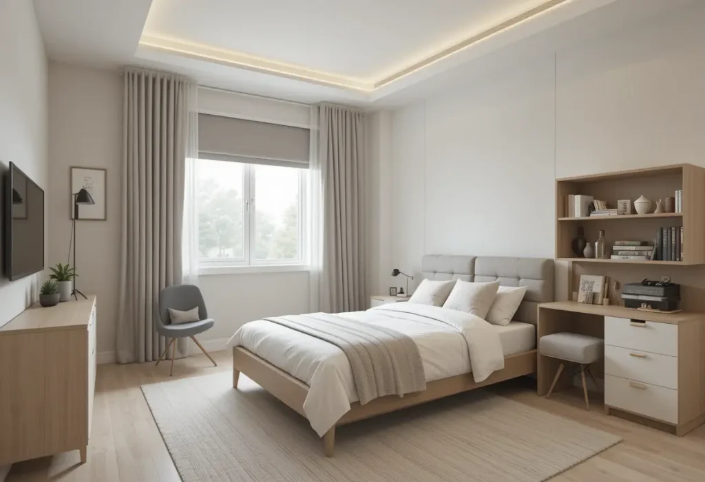 A tidy room in muted colors with a drawer bed, modern lamp, and clean walls.
