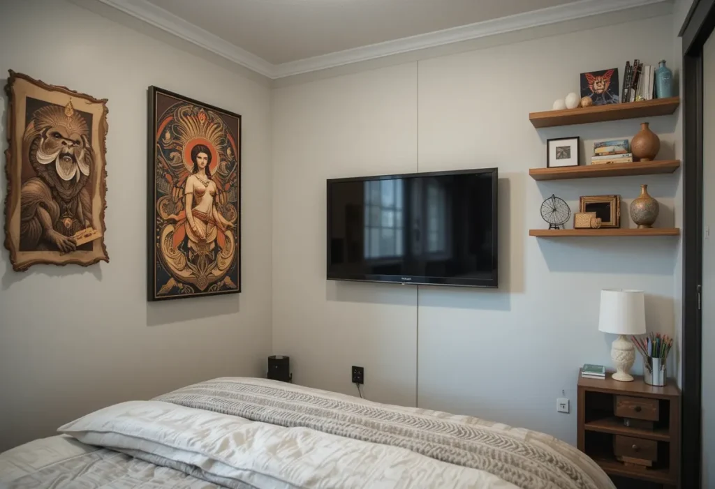 TV mounted in the corner of a small bedroom with rich brown walls and decor.