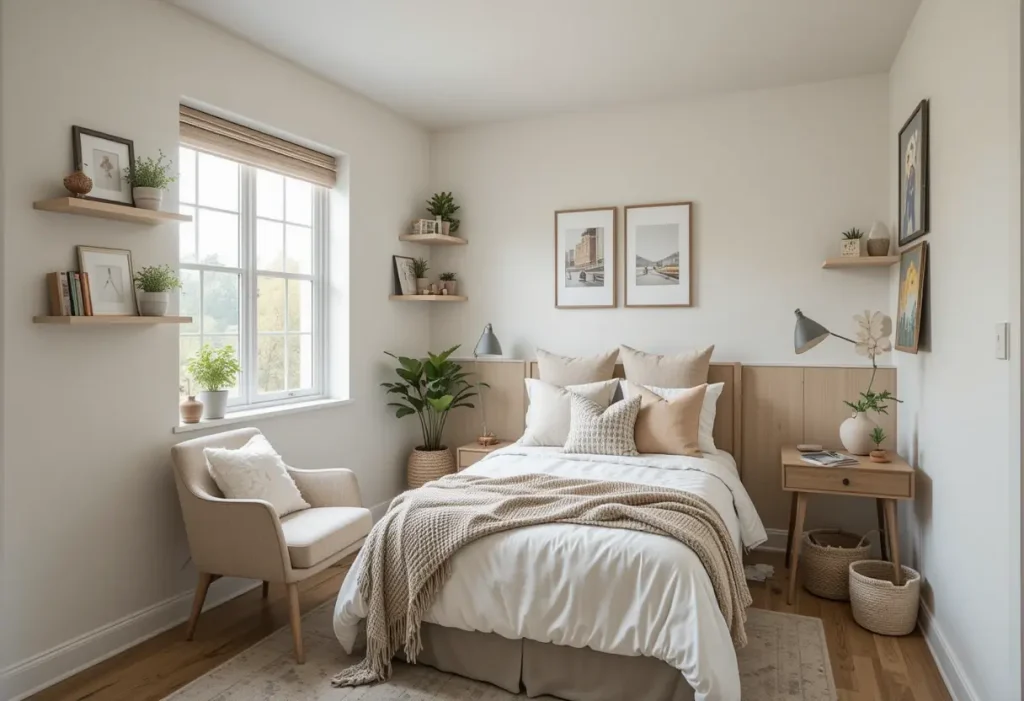 "Cozy small bedroom with a reading nook or desk in the corner, showing smart use of space and warm, minimal decor.
