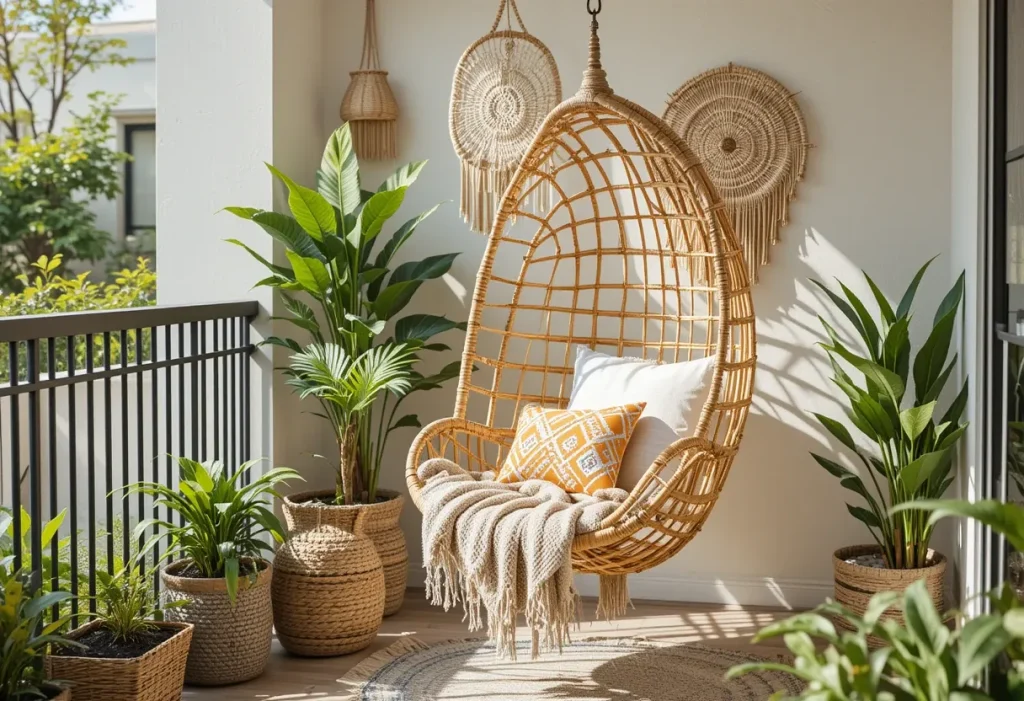Balcony with a hanging rattan chair, layered cushions, and boho-style macrame wall decor and plants.