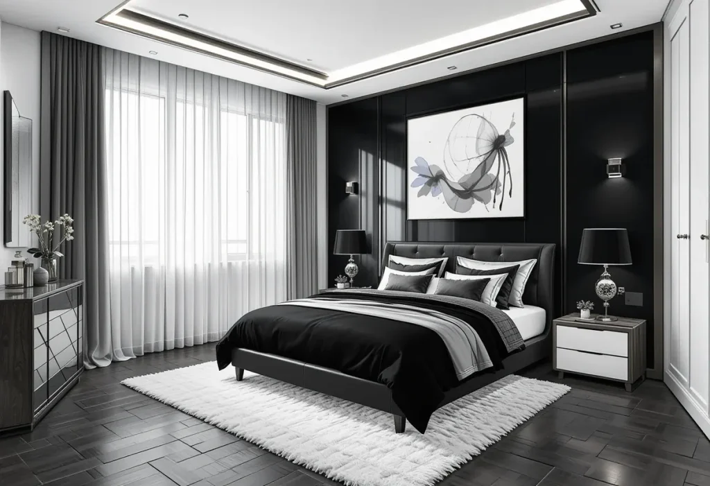 Monochrome bedroom with black and white contrast, minimalist furniture, and bold lighting accents.