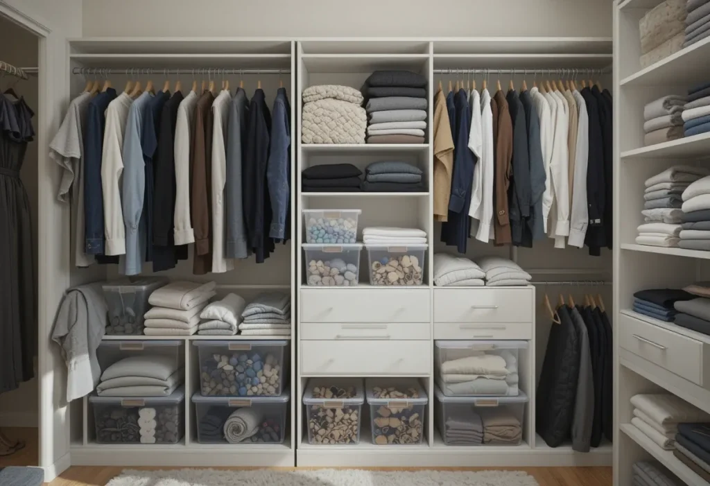 Small bedroom closet with hanging fabric organizers and clear bins instead of a traditional dresser.