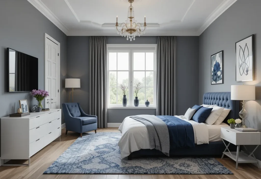 Grey boho-style bedroom with macrame decor and rattan elements