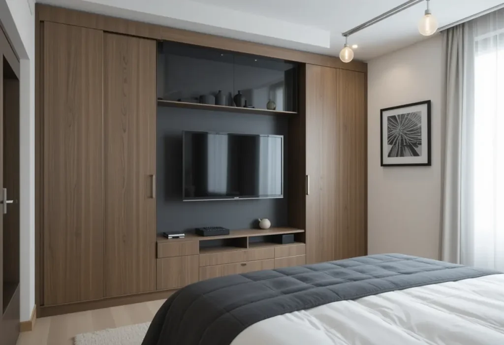 “Minimalist small bedroom with neutral beige and gray color palette.”