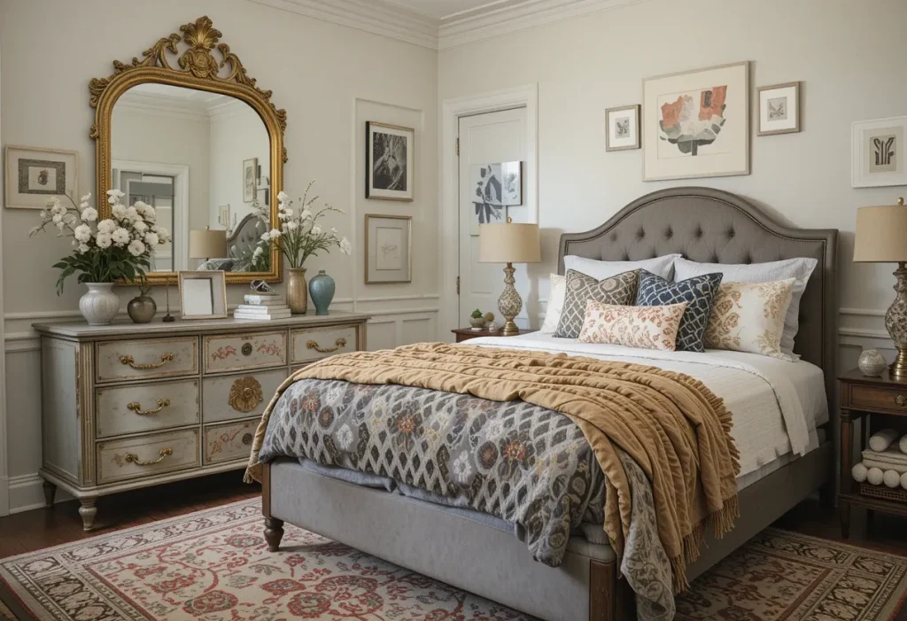 Guest room featuring a vintage distressed dresser with gold hardware and ornate mirror.