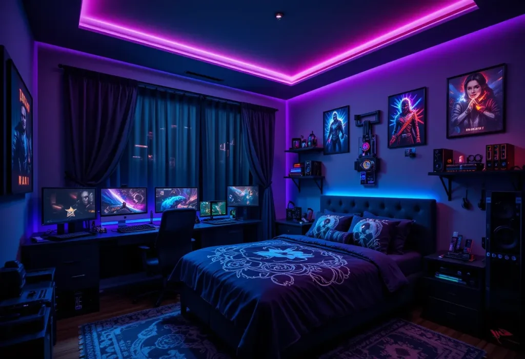 A tech-heavy bedroom with dual monitors, RGB lights, dark furniture, and gaming posters.