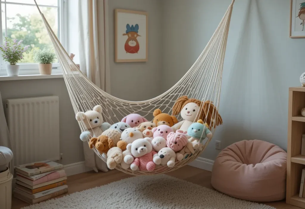 Mesh toy hammock filled with stuffed animals hangs in corner of child’s room above a soft rug.