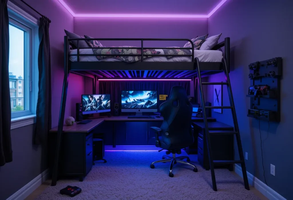 Loft bed with gaming area underneath, LED lights, blackout curtains, and a mounted screen.