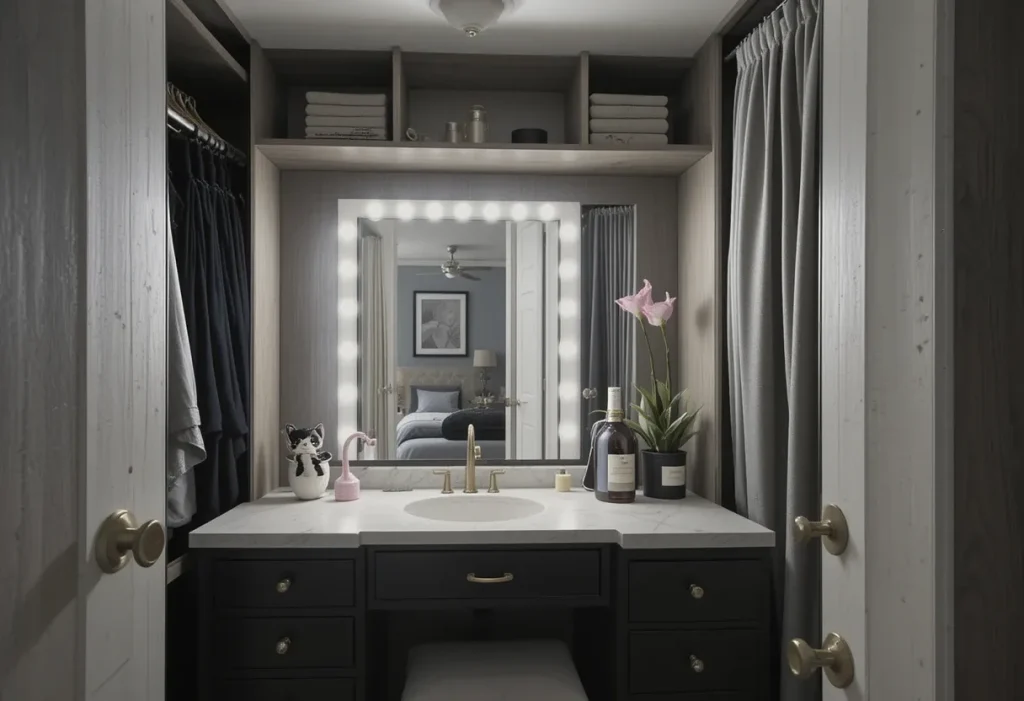 Closet space converted into a private vanity with a mirror, shelf, lights, and organized bins.