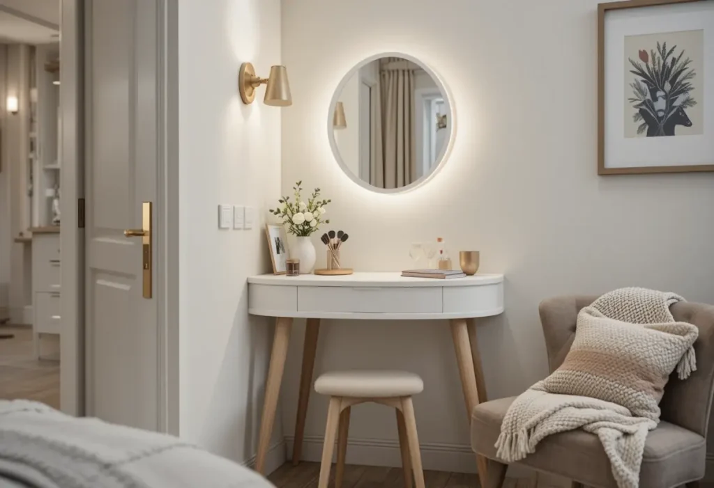 Vintage vanity with ornate carved mirror, antique wood finish, and romantic decor in a classic bedroom.