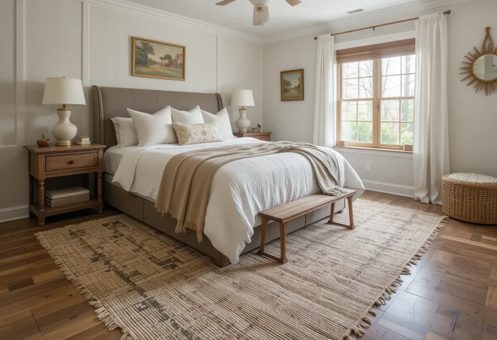 Bedroom with a large jute rug under the bed and soft farmhouse-style furnishings.