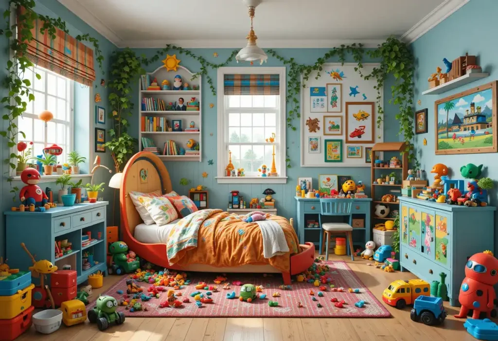 "A vibrant, toy-filled toddler boy's room bursting with themed decor—dinosaurs, cars, rockets, superheroes, and more—each corner reflecting a different style in colorful, playful chaos."

