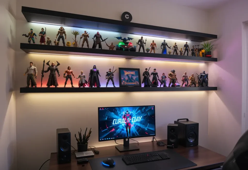 Minimalist floating shelves displaying gaming collectibles and controllers, lit by under-shelf LED strips.