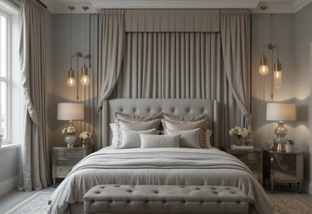 Monochrome guest room in layered gray tones with metallic accents and coordinated curtains.