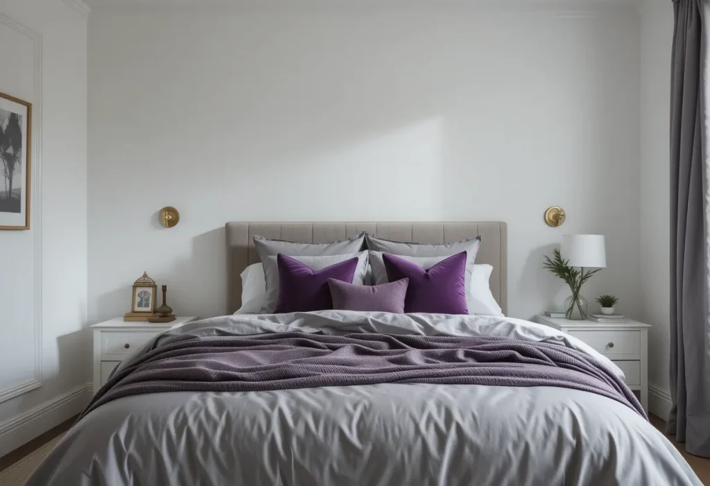 Bright room with silver grey bedding and purple throw pillows on a simple white bed frame.