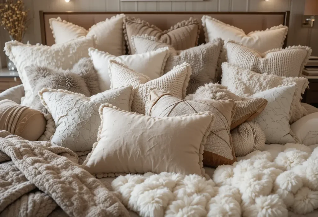 ""Bed filled with a luxurious mix of soft, textured pillows in neutral tones, creating a cozy and inviting sleep space."