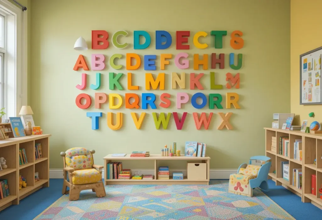 "Toddler room with large alphabet wall decals, letter blocks, and educational decor for early learning."