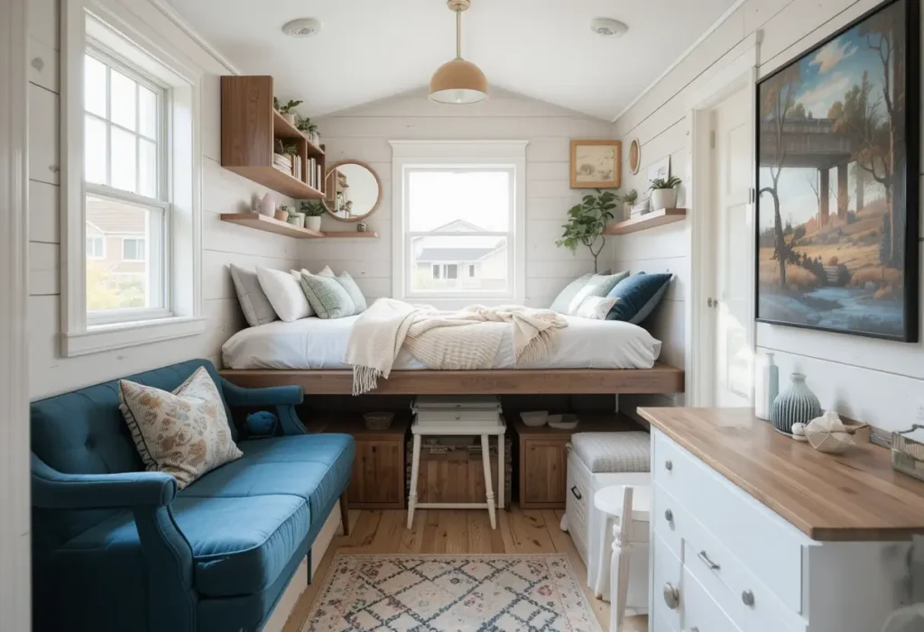 "Compact guest room in a tiny house with space-saving furniture, built-in storage, and a minimalist layout."