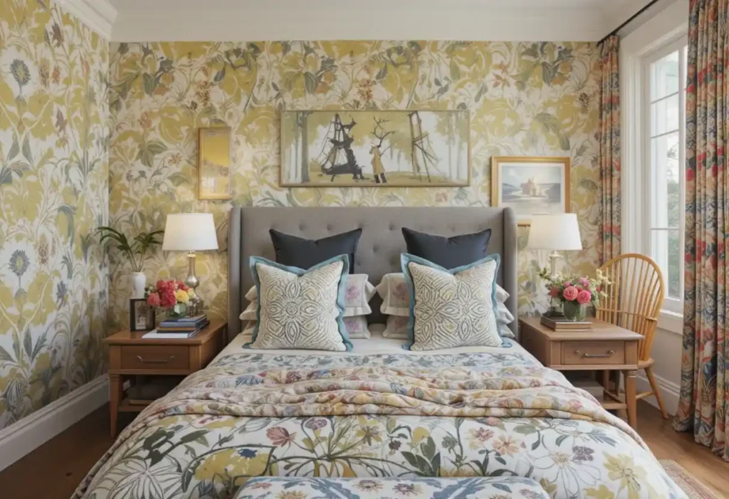 Monochrome bedroom with black bedding, white walls, and dramatic art pieces.