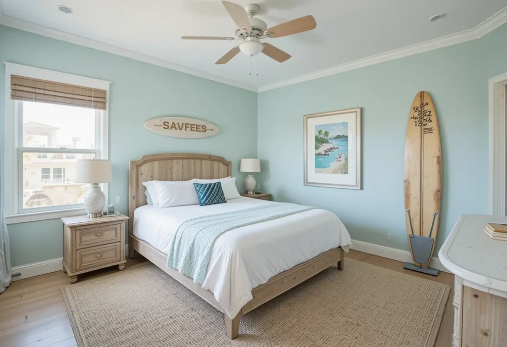 A relaxed beachy room with a surfboard on the wall, ocean colors, and a jute rug.