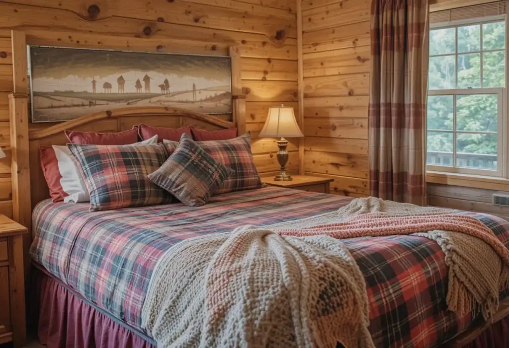 Bed with plaid flannel bedding in a cozy cabin-style guest room.