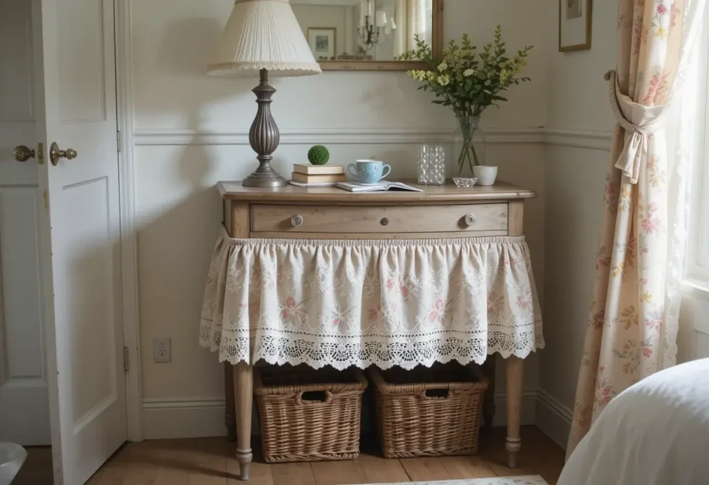 Small table vanity covered in floral fabric skirt with vintage accessories on top.