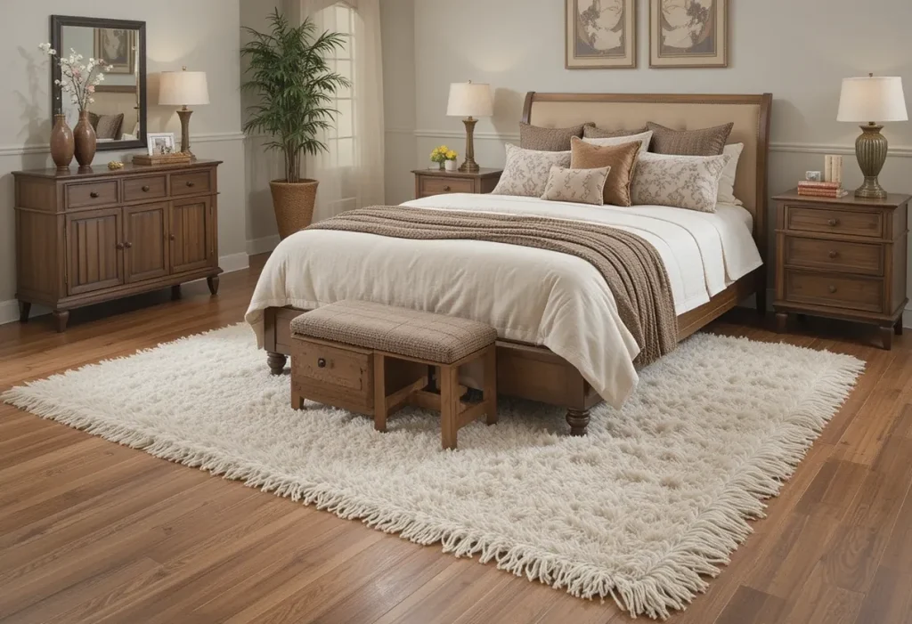 Layered brown and beige rugs on hardwood floor in a minimalist bedroom setting.