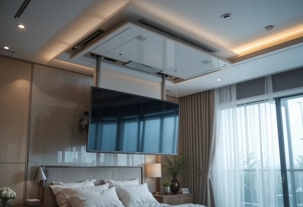 Flip-down TV hanging from the ceiling in a modern brown bedroom.