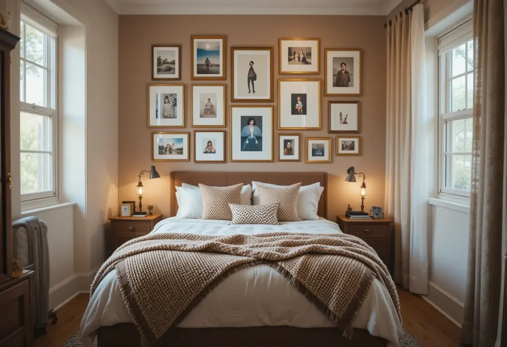 "Small bedroom with a cozy gallery wall of warm-toned art and photos above the bed, adding personality and comfort.