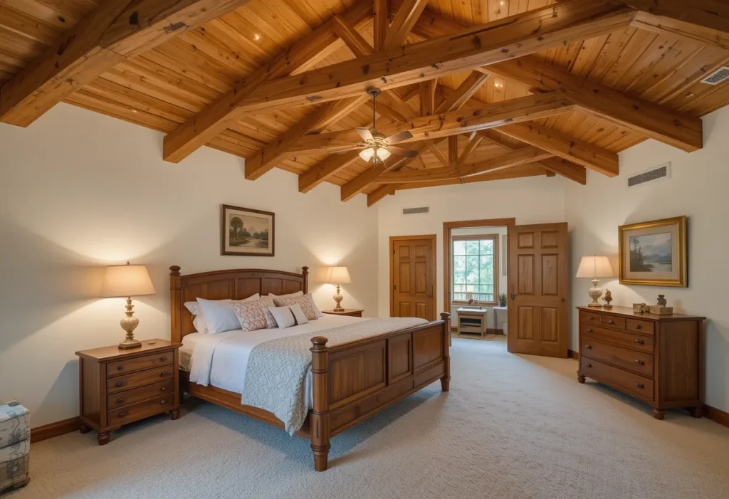Cozy bedroom with exposed pine ceiling beams and soft overhead lighting creating a warm atmosphere.
