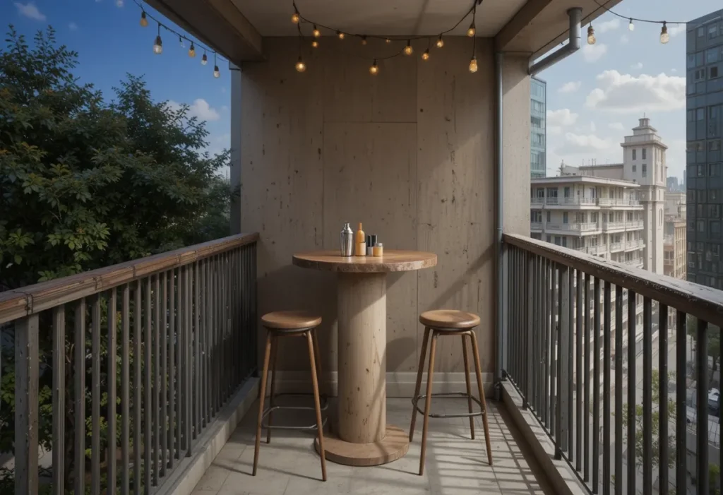 Compact balcony with a small bar table, two stools, and cocktail glasses set against city skyline.