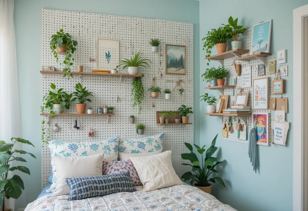 Bedroom corner featuring a painted pegboard covering the wall with blank hooks, shelves, and no visible items.
